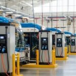 Elektrobusse stehen an mehreren Ladestationen in einer Busgarage