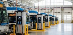 Elektrobusse stehen an mehreren Ladestationen in einer Busgarage