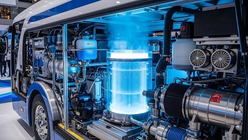 Freigelegte Technik eines Busses mit blau beleuchteter Brennstoffzellenanlage