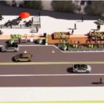 Visualisierung einer umgestalteten Straße mit Parklets, Fußgängern und Radfahrenden