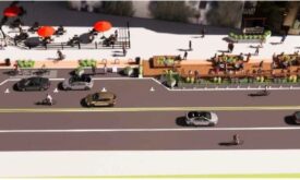Visualisierung einer umgestalteten Straße mit Parklets, Fußgängern und Radfahrenden