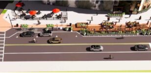 Visualisierung einer umgestalteten Straße mit Parklets, Fußgängern und Radfahrenden